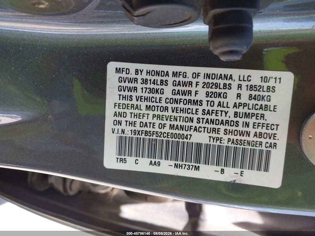 19XFB5F52CE000047 2012 HONDA CIVIC photo no. 9