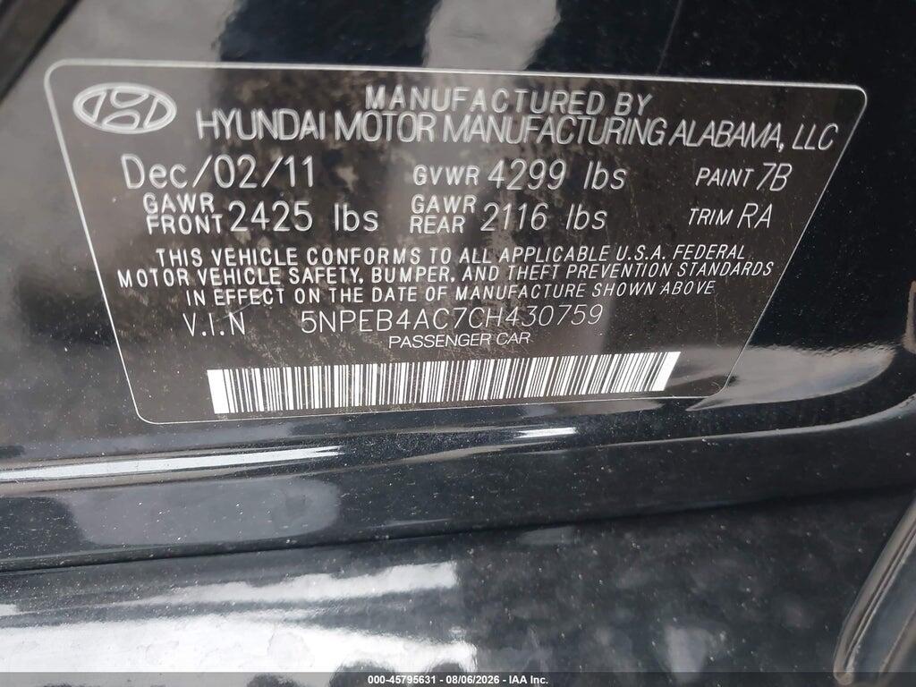 5NPEB4AC7CH430759 2012 HYUNDAI SONATA photo no. 9