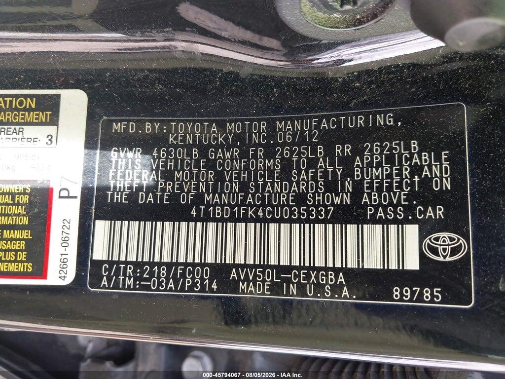 4T1BD1FK4CU035337 2012 TOYOTA CAMRY HYBRID photo no. 9