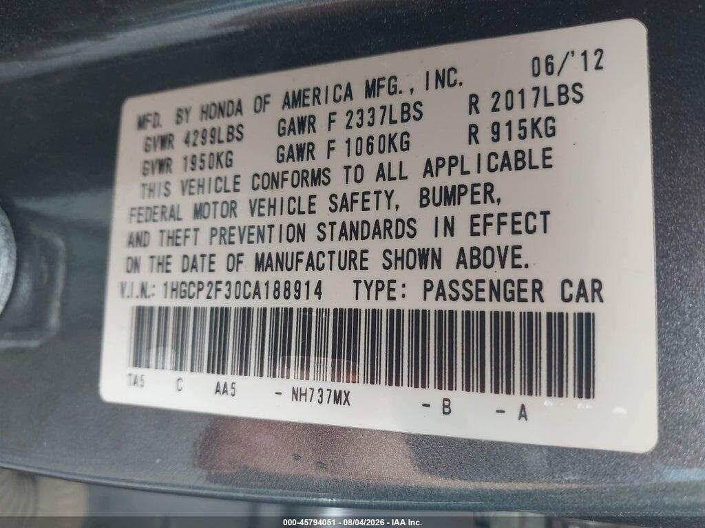 1HGCP2F30CA188914 2012 HONDA ACCORD SDN photo no. 9