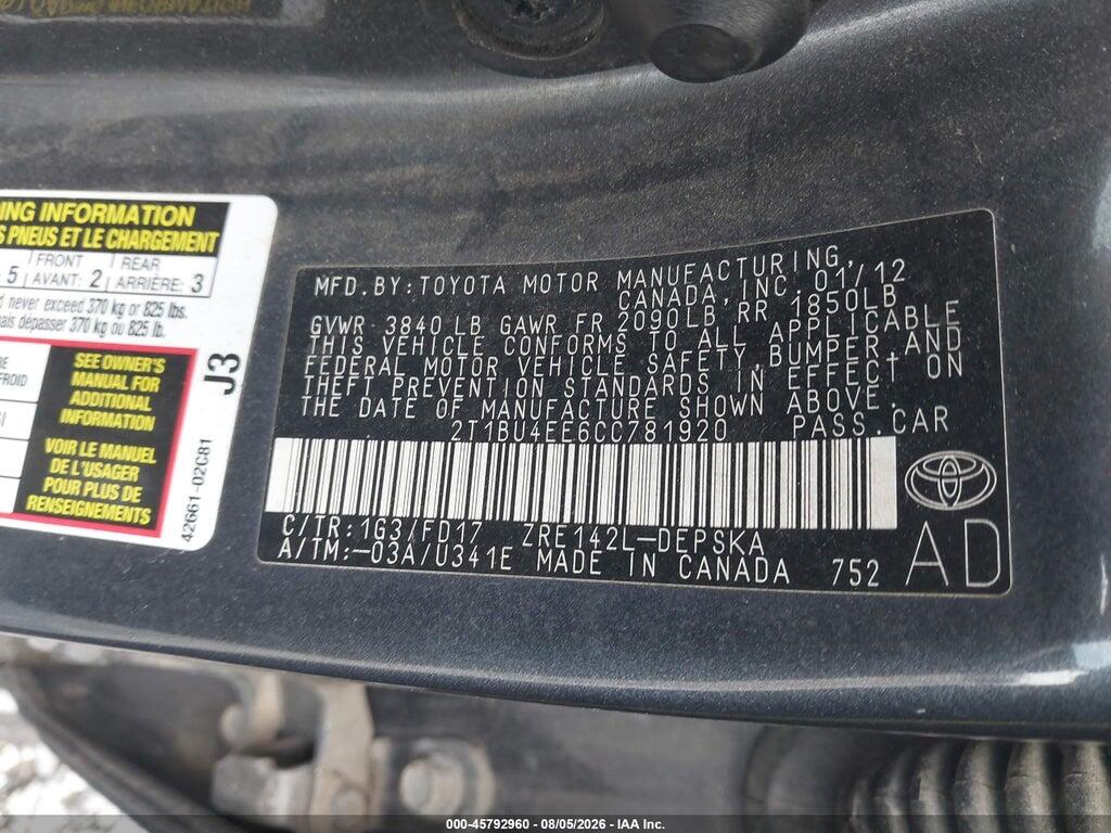 2T1BU4EE6CC781920 2012 TOYOTA COROLLA photo no. 9