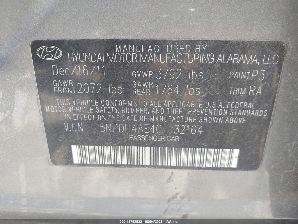 5NPDH4AE4CH132164 2012 HYUNDAI ELANTRA photo no. 9