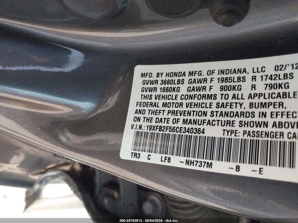 19XFB2F56CE340364 2012 HONDA CIVIC photo no. 9