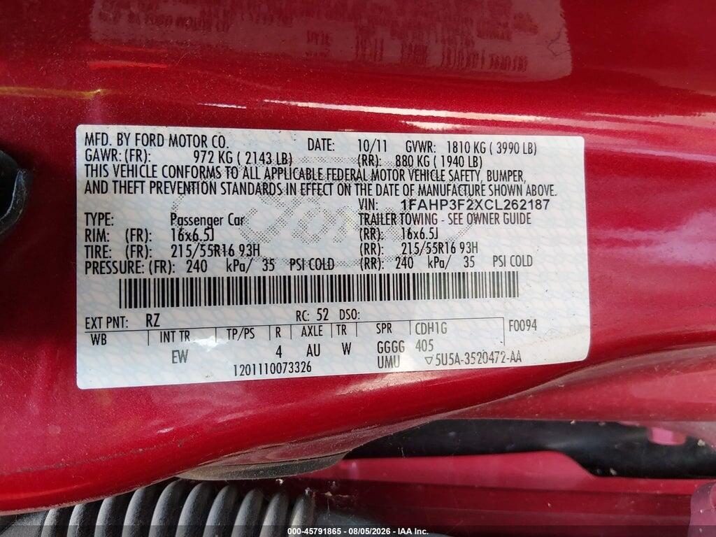 1FAHP3F2XCL262187 2012 FORD FOCUS photo no. 9