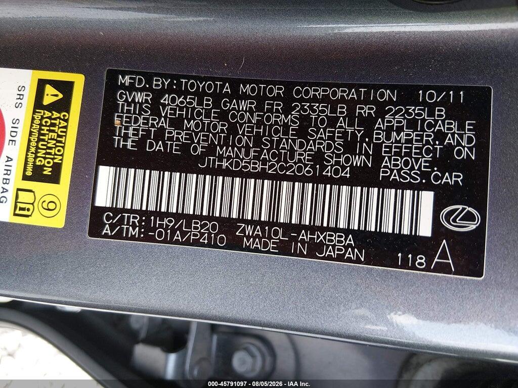 JTHKD5BH2C2061404 2012 LEXUS CT 200H photo no. 9