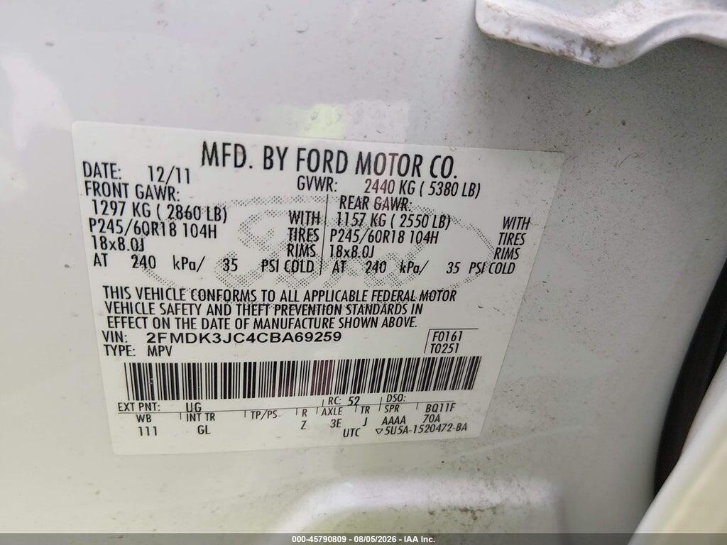 2FMDK3JC4CBA69259 2012 FORD EDGE photo no. 9