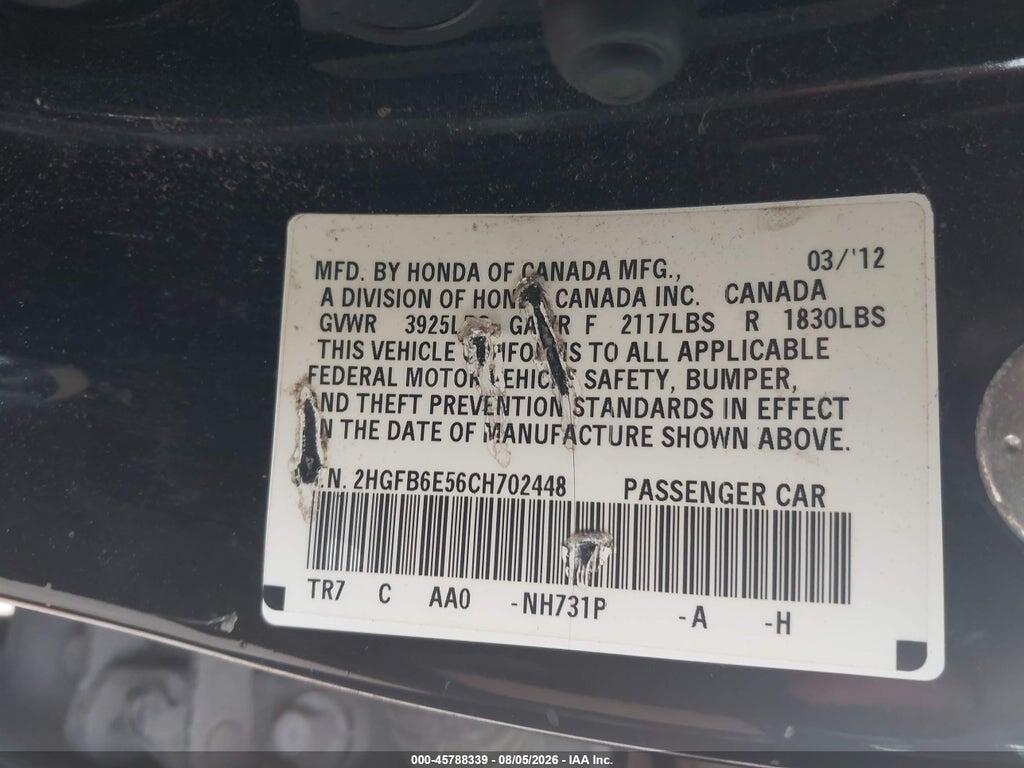 2HGFB6E56CH702448 2012 HONDA CIVIC photo no. 9