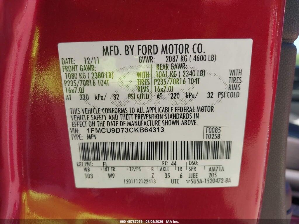 1FMCU9D73CKB64313 2012 FORD ESCAPE photo no. 9
