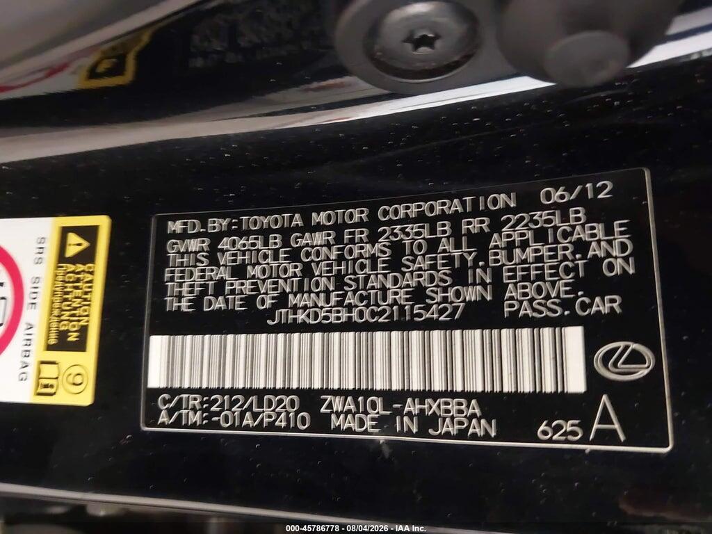 JTHKD5BH0C2115427 2012 LEXUS CT 200H photo no. 9