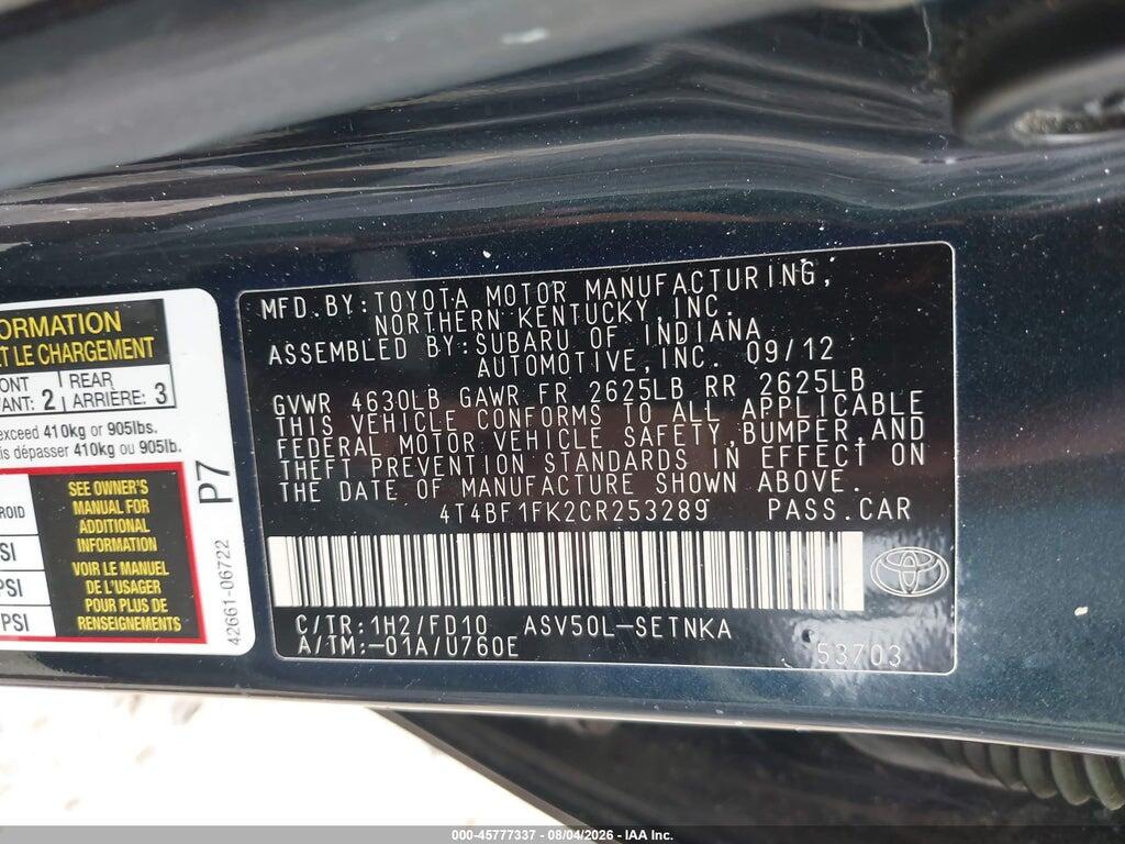 4T4BF1FK2CR253289 2012 TOYOTA CAMRY photo no. 9