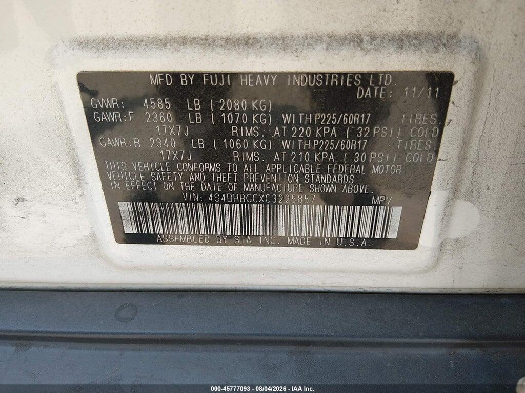 4S4BRBGCXC3225857 2012 SUBARU OUTBACK photo no. 9