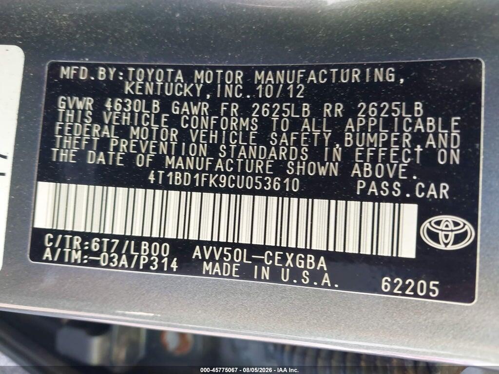 4T1BD1FK9CU053610 2012 TOYOTA CAMRY HYBRID photo no. 9