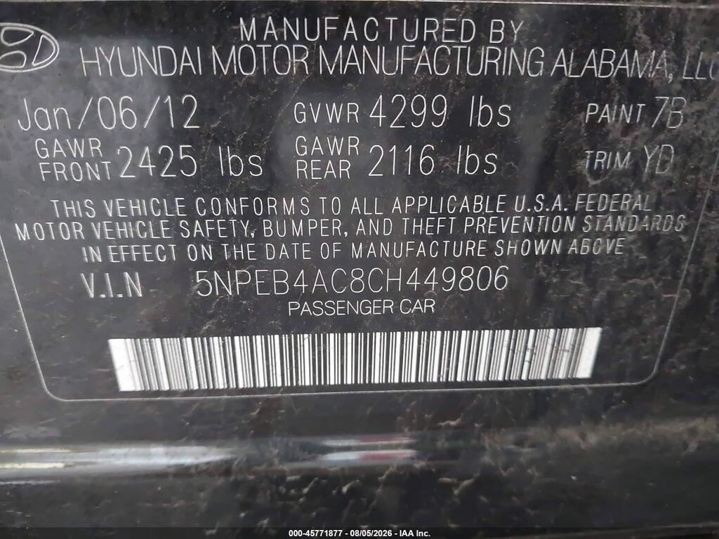 5NPEB4AC8CH449806 2012 HYUNDAI SONATA photo no. 9
