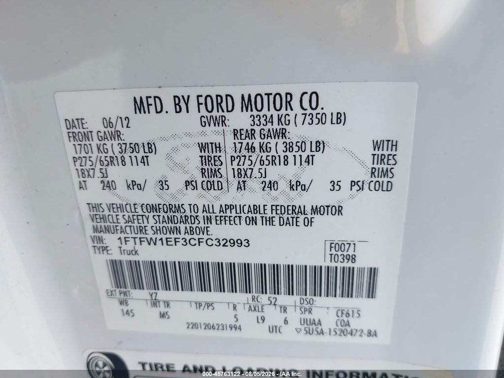 1FTFW1EF3CFC32993 2012 FORD F-150 photo no. 9