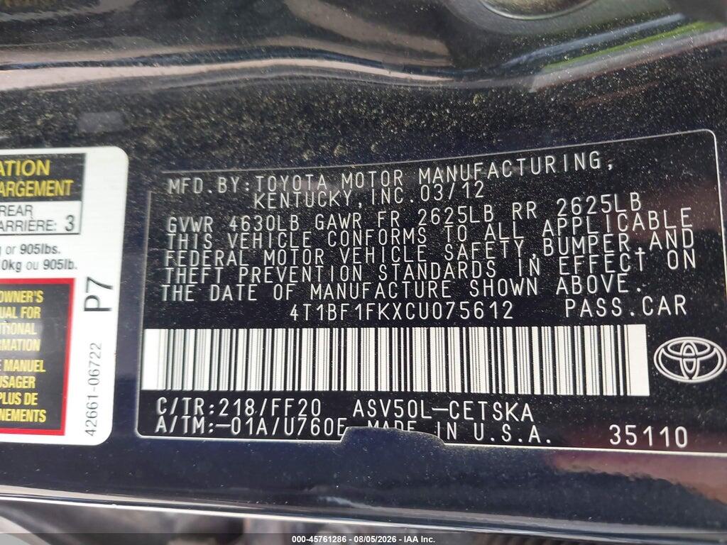 4T1BF1FKXCU075612 2012 TOYOTA CAMRY photo no. 9