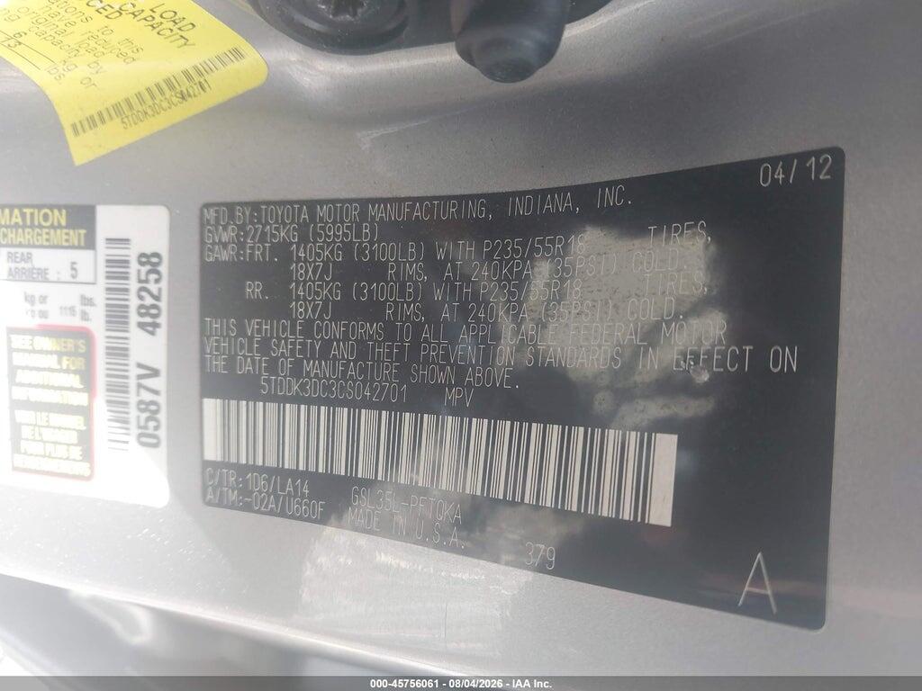 5TDDK3DC3CS042701 2012 TOYOTA SIENNA photo no. 9