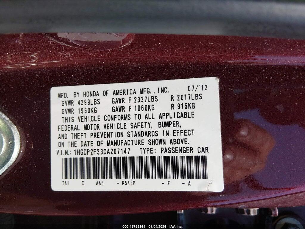 1HGCP2F33CA207147 2012 HONDA ACCORD SDN photo no. 9