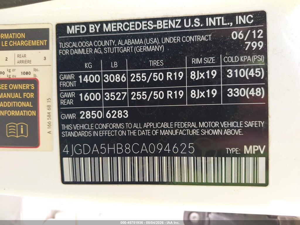 4JGDA5HB8CA094625 2012 MERCEDES-BENZ ML 350 photo no. 9