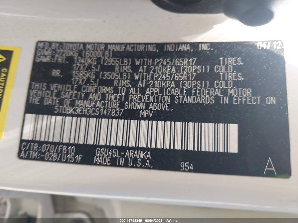 5TDBK3EH3CS147837 2012 TOYOTA HIGHLANDER photo no. 9