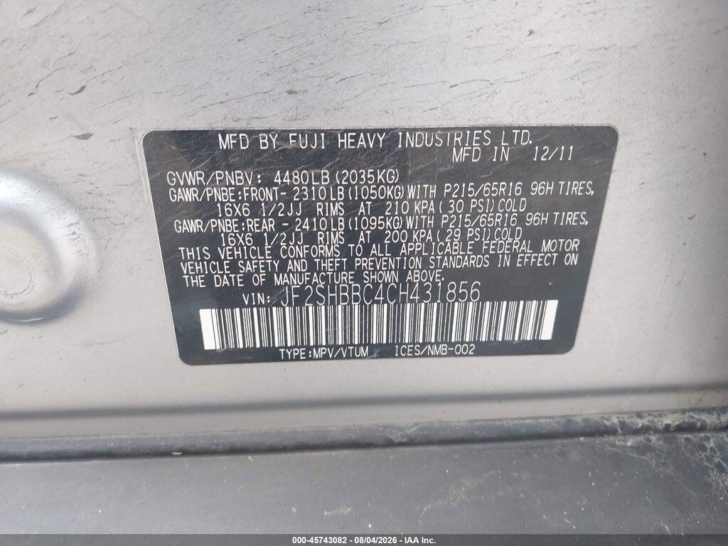 JF2SHBBC4CH431856 2012 SUBARU FORESTER photo no. 9