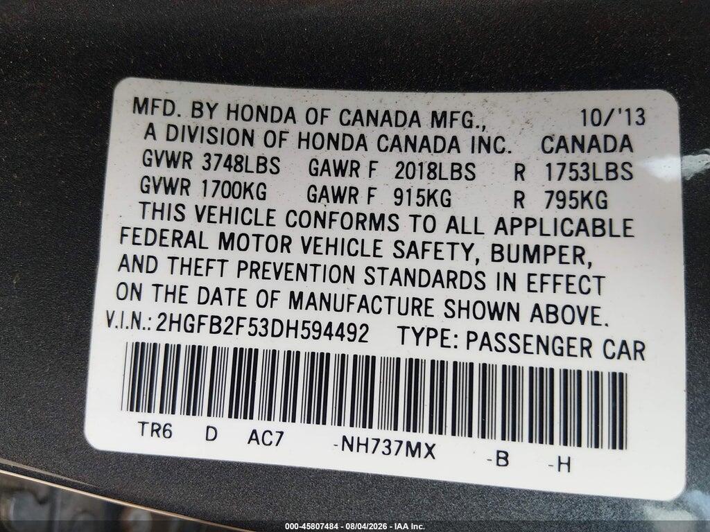 2HGFB2F53DH594492 2013 HONDA CIVIC photo no. 9