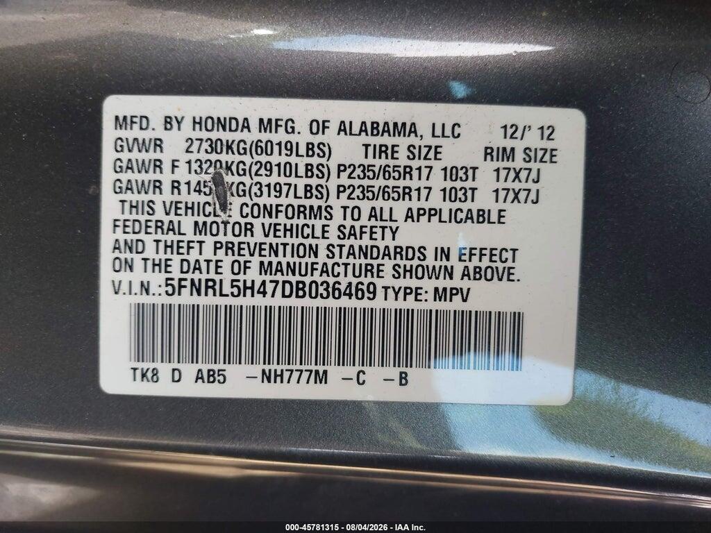 5FNRL5H47DB036469 2013 HONDA ODYSSEY photo no. 9