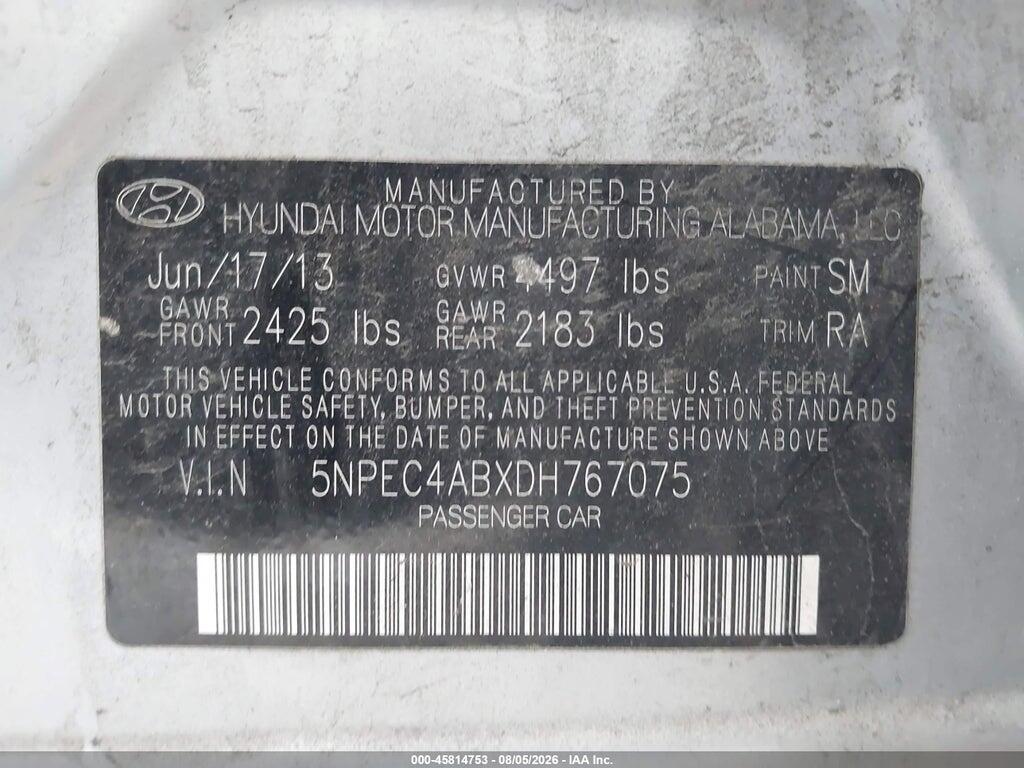 5NPEC4ABXDH767075 2013 HYUNDAI SONATA photo no. 9