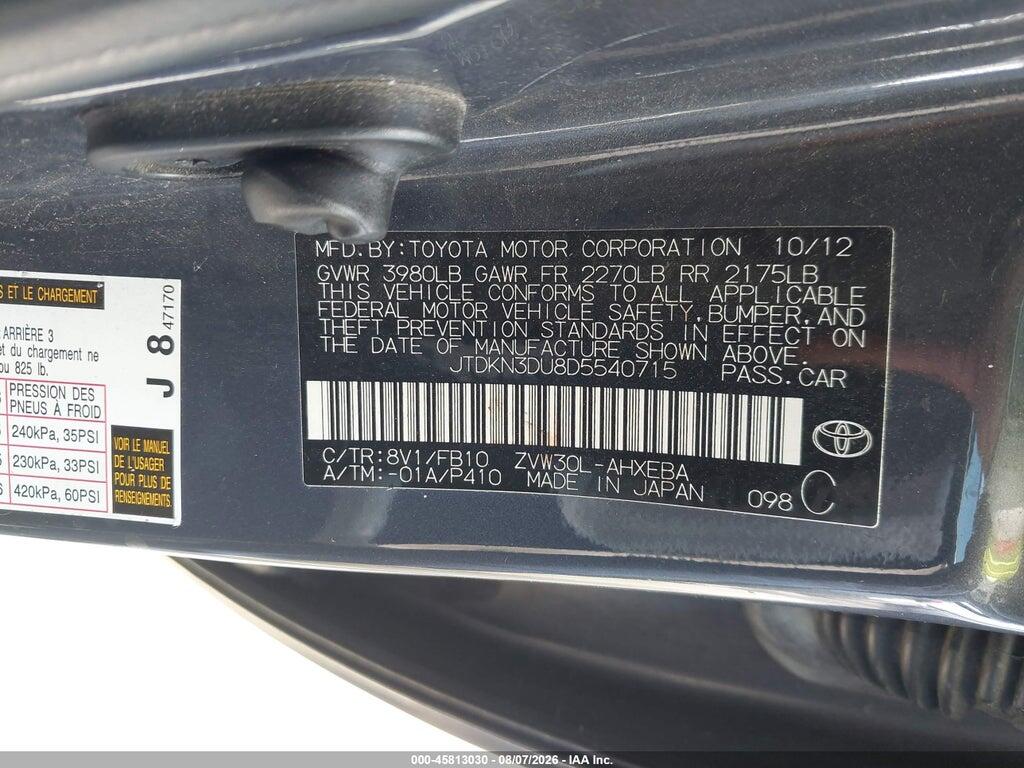 JTDKN3DU8D5540715 2013 TOYOTA PRIUS photo no. 9