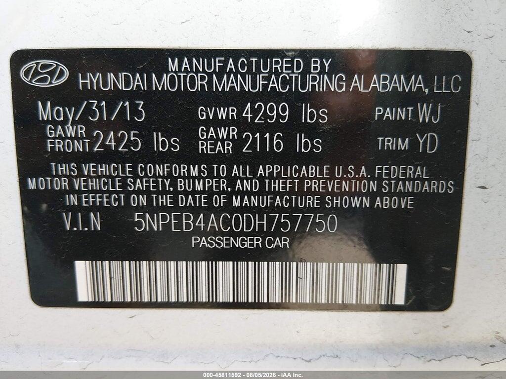 5NPEB4AC0DH757750 2013 HYUNDAI SONATA photo no. 9