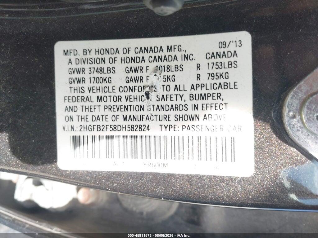 2HGFB2F58DH582824 2013 HONDA CIVIC photo no. 9