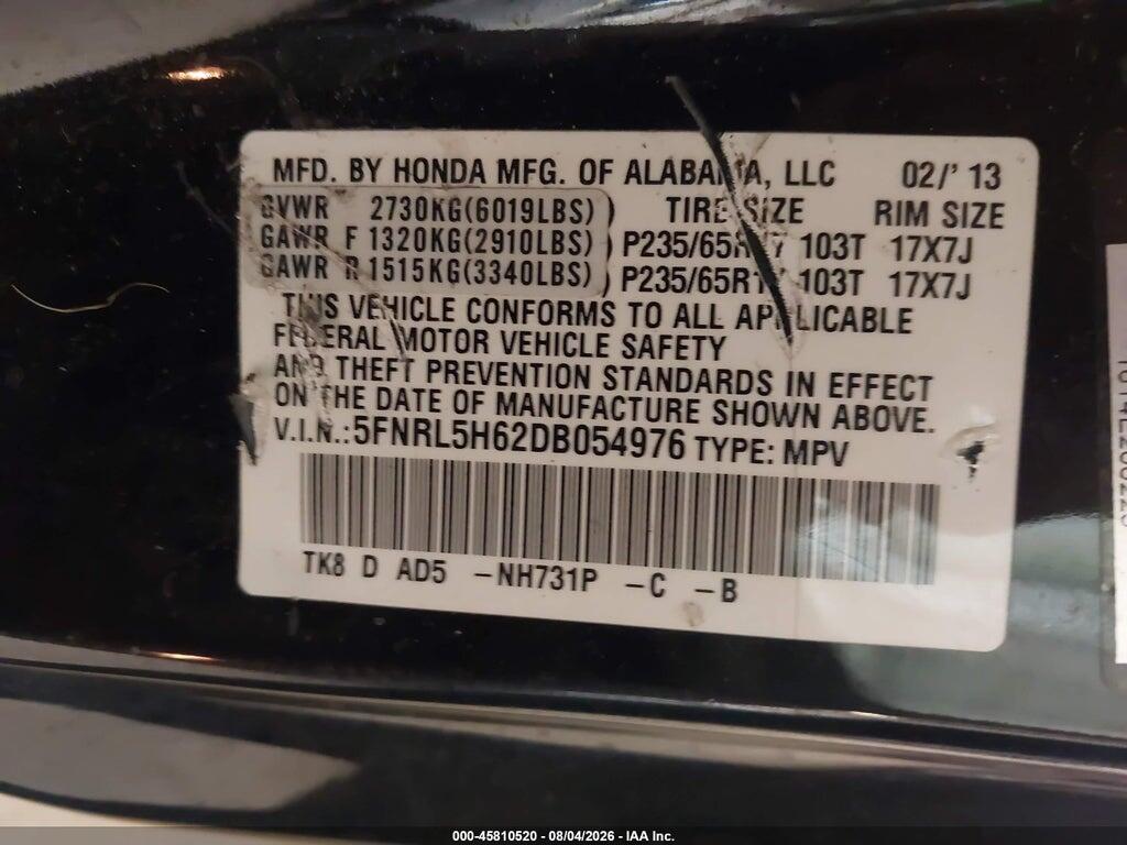 5FNRL5H62DB054976 2013 HONDA ODYSSEY photo no. 9