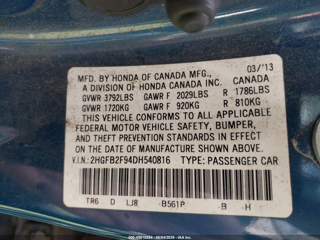 2HGFB2F94DH540816 2013 HONDA CIVIC photo no. 9