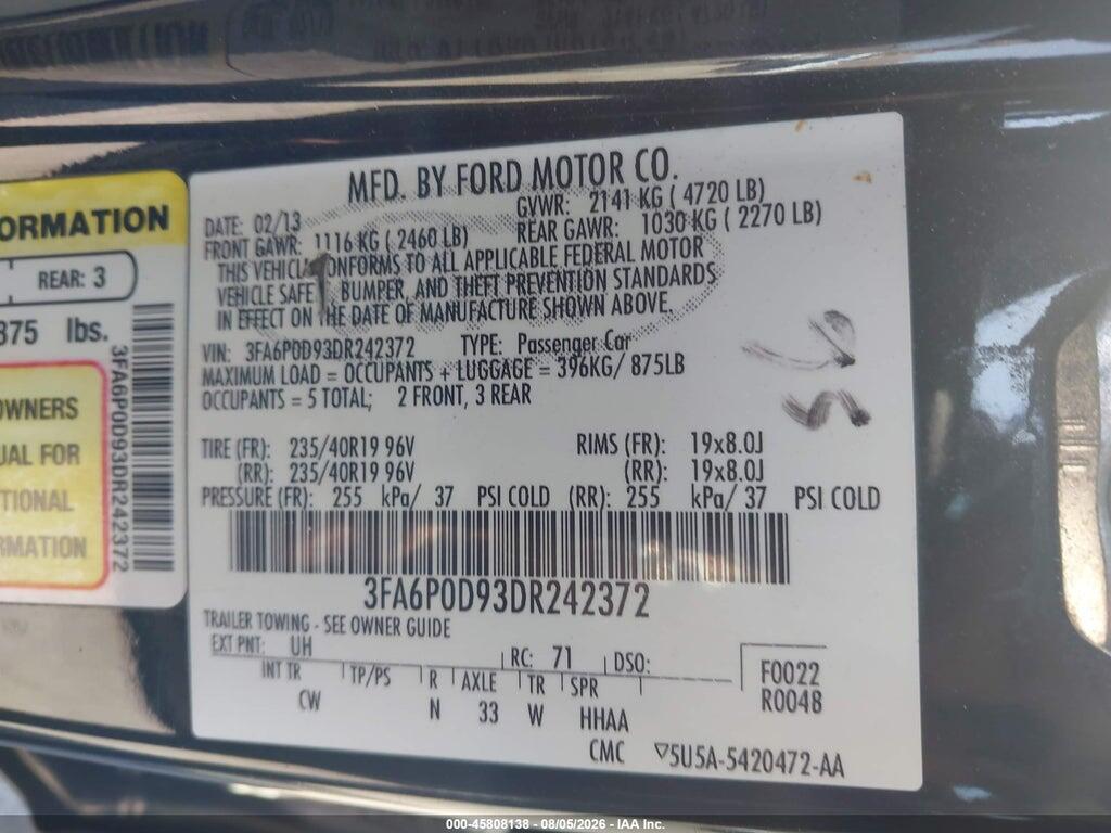 3FA6P0D93DR242372 2013 FORD FUSION photo no. 9