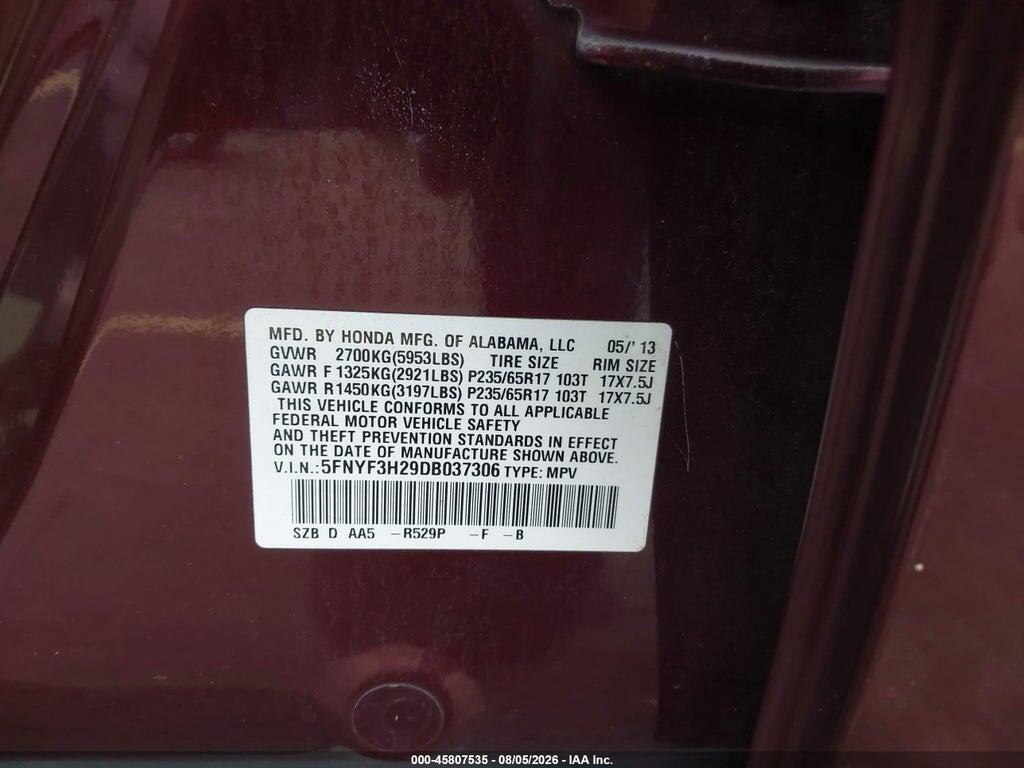 5FNYF3H29DB037306 2013 HONDA PILOT photo no. 9