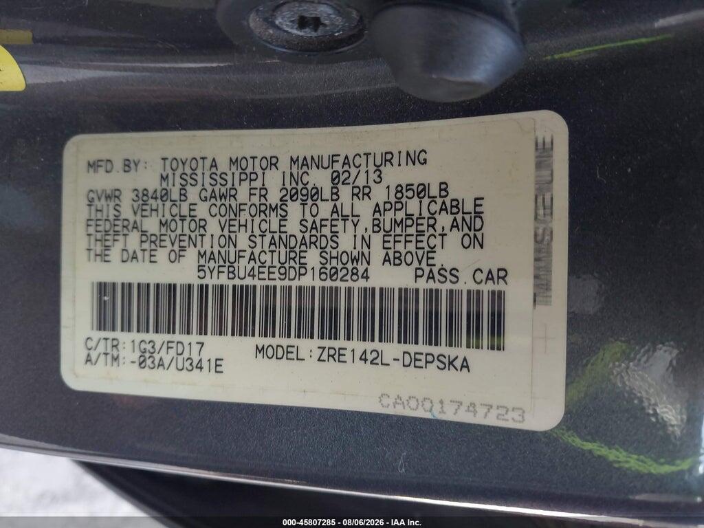 5YFBU4EE9DP160284 2013 TOYOTA COROLLA photo no. 9