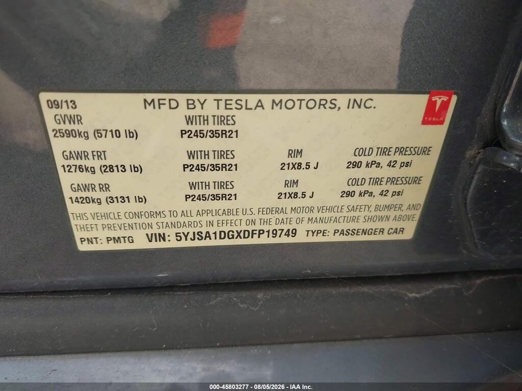 5YJSA1DGXDFP19749 2013 TESLA MODEL S photo no. 9