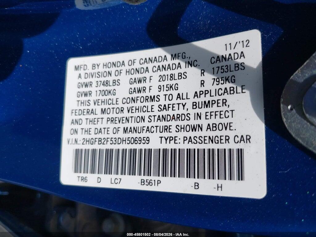 2HGFB2F53DH506959 2013 HONDA CIVIC photo no. 9