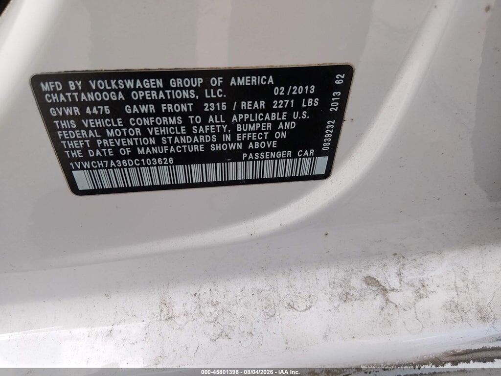1VWCH7A36DC103626 2013 VOLKSWAGEN PASSAT photo no. 9