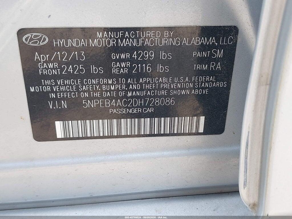 5NPEB4AC2DH728086 2013 HYUNDAI SONATA photo no. 9