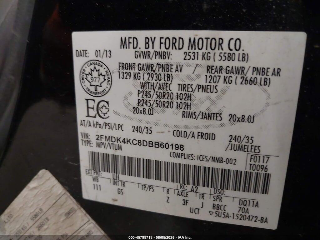 2FMDK4KC8DBB60198 2013 FORD EDGE photo no. 9