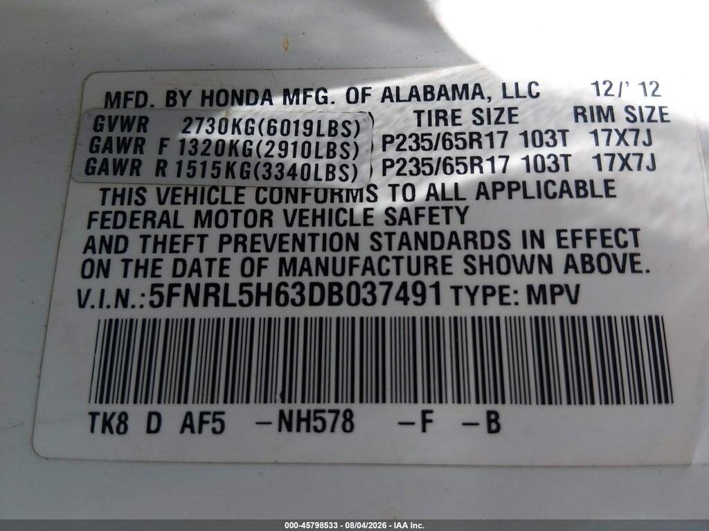5FNRL5H63DB037491 2013 HONDA ODYSSEY photo no. 9