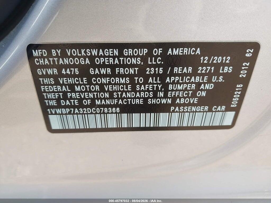 1VWBP7A32DC078366 2013 VOLKSWAGEN PASSAT photo no. 9