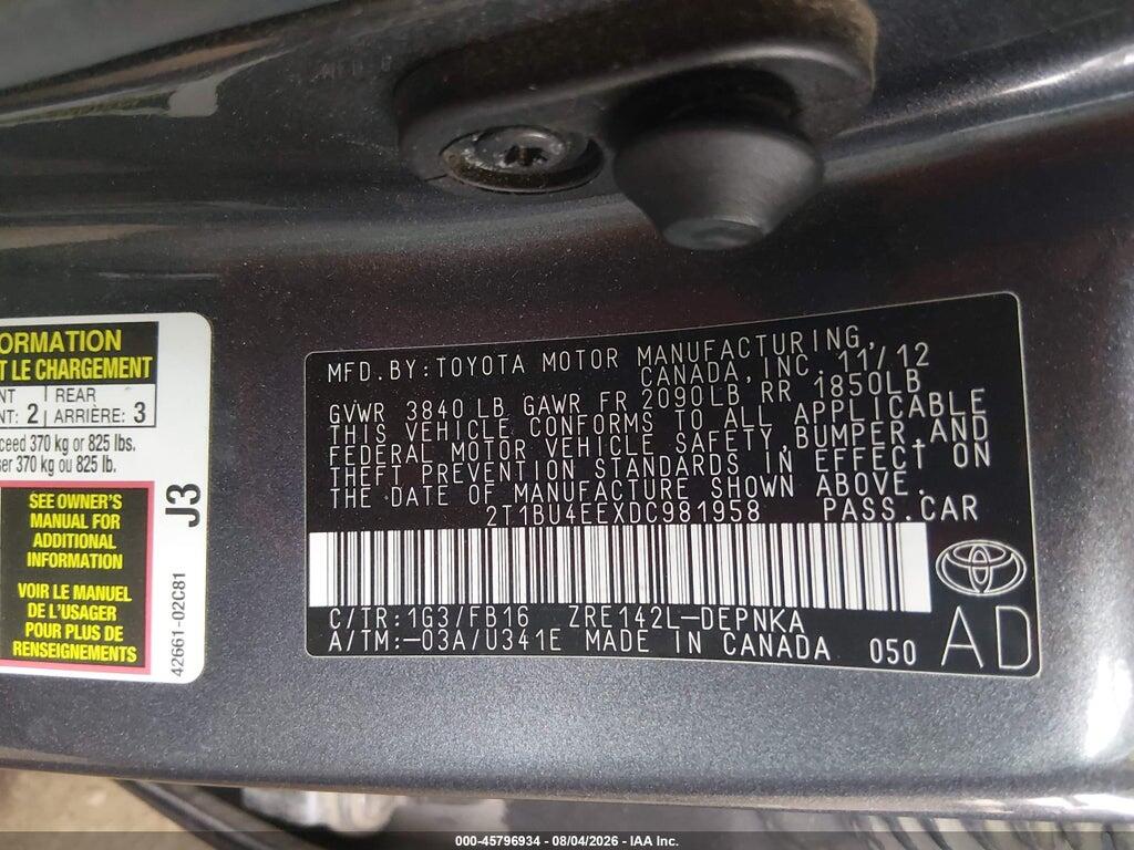 2T1BU4EEXDC981958 2013 TOYOTA COROLLA photo no. 9