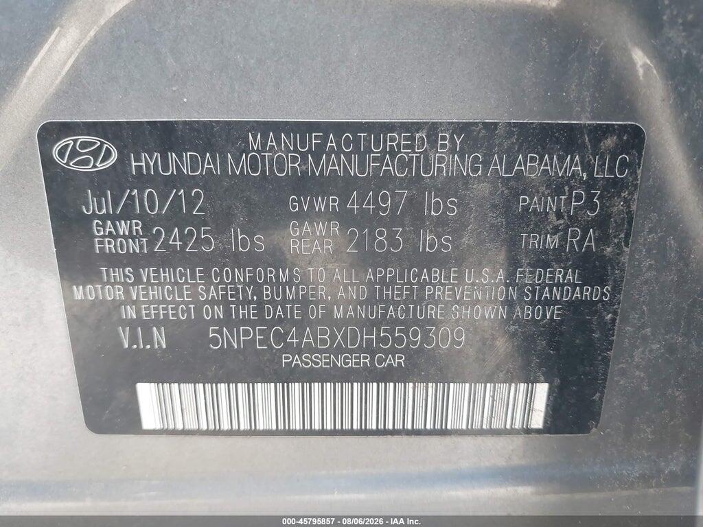 5NPEC4ABXDH559309 2013 HYUNDAI SONATA photo no. 9