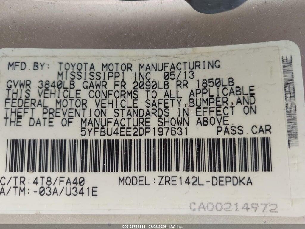 5YFBU4EE2DP197631 2013 TOYOTA COROLLA photo no. 9