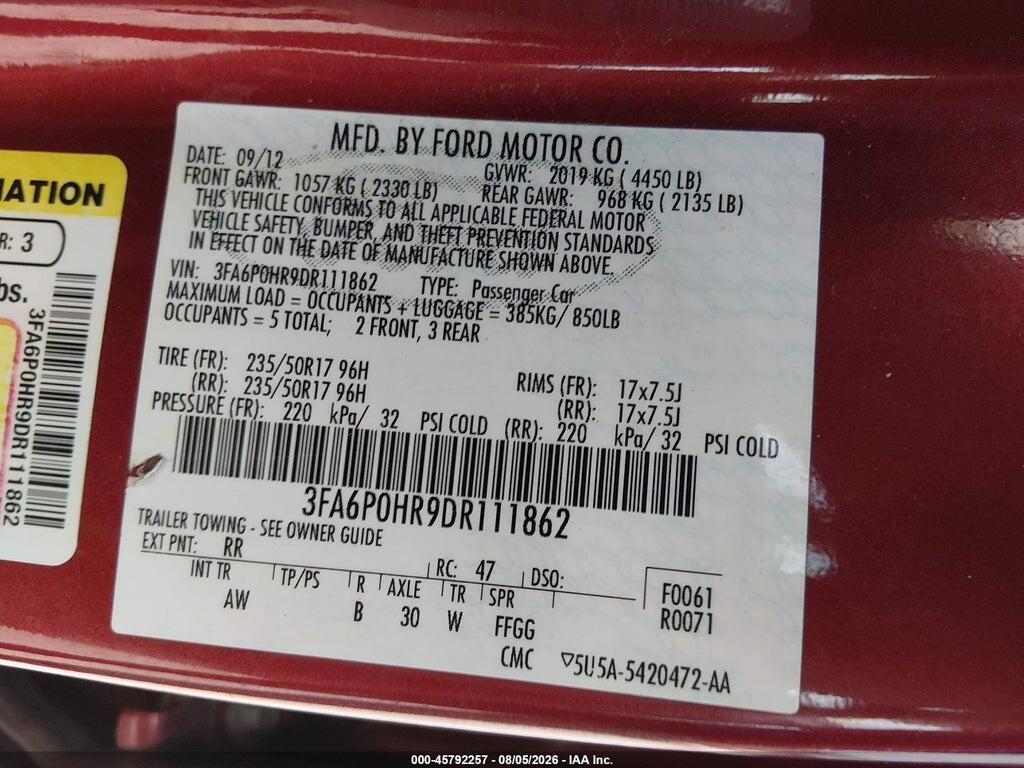 3FA6P0HR9DR111862 2013 FORD FUSION photo no. 9