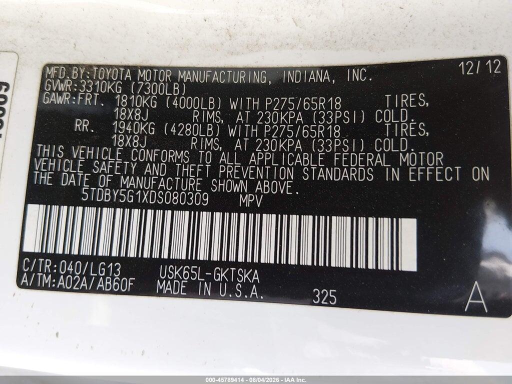 5TDBY5G1XDS080309 2013 TOYOTA SEQUOIA photo no. 9