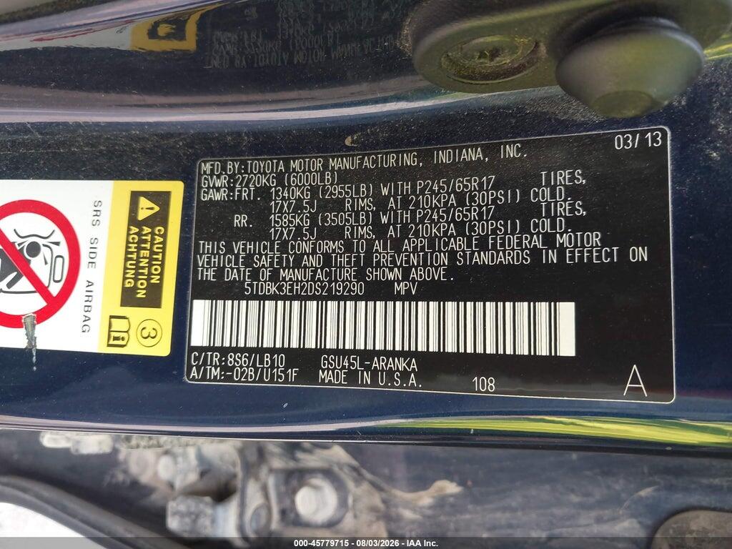 5TDBK3EH2DS219290 2013 TOYOTA HIGHLANDER photo no. 9