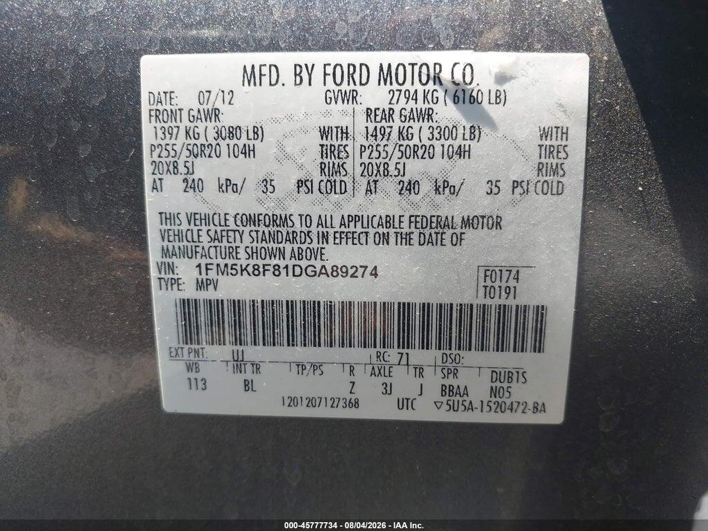 1FM5K8F81DGA89274 2013 FORD EXPLORER photo no. 9