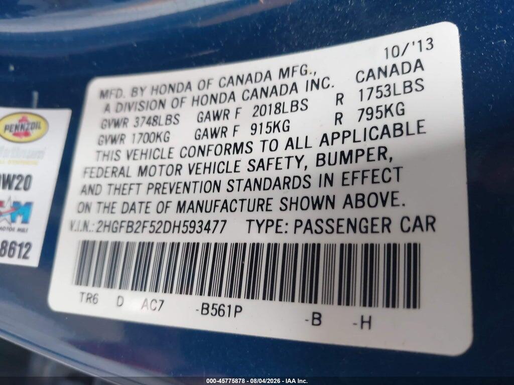 2HGFB2F52DH593477 2013 HONDA CIVIC photo no. 9